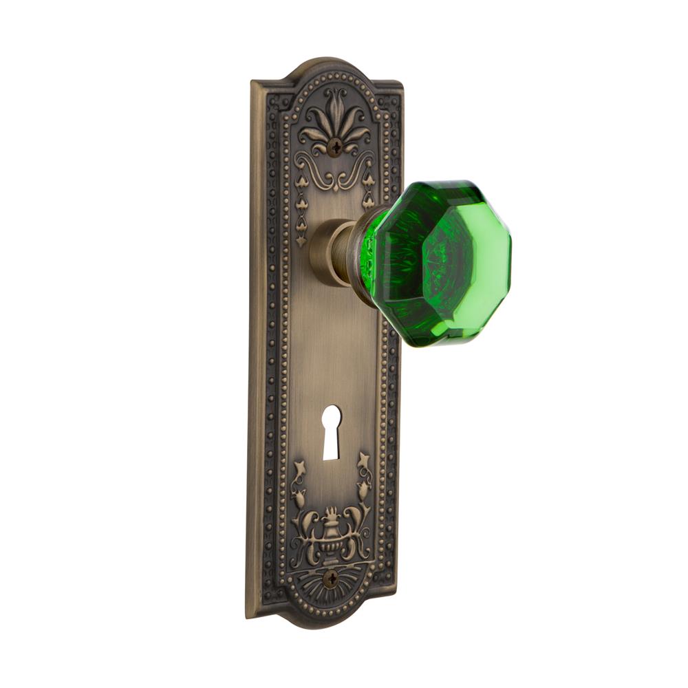 Nostalgic Warehouse MEAWAE Colored Crystal Meadows Plate Interior Mortise Waldorf Emerald Door Knob in Antique Brass